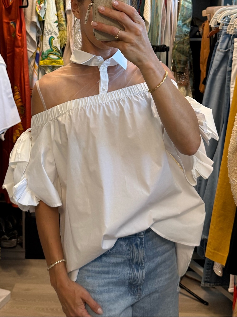 Anne Fontaine White Off-Shoulder Ruffle Sleeve Blouse
